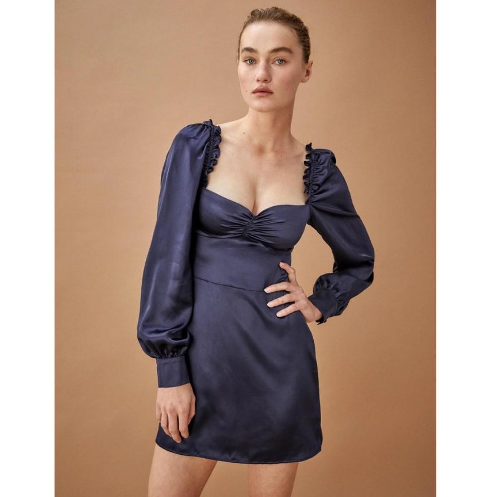 [NWT] Reformation Navy Blue Silk Long Sleeve Novella Mini Dress